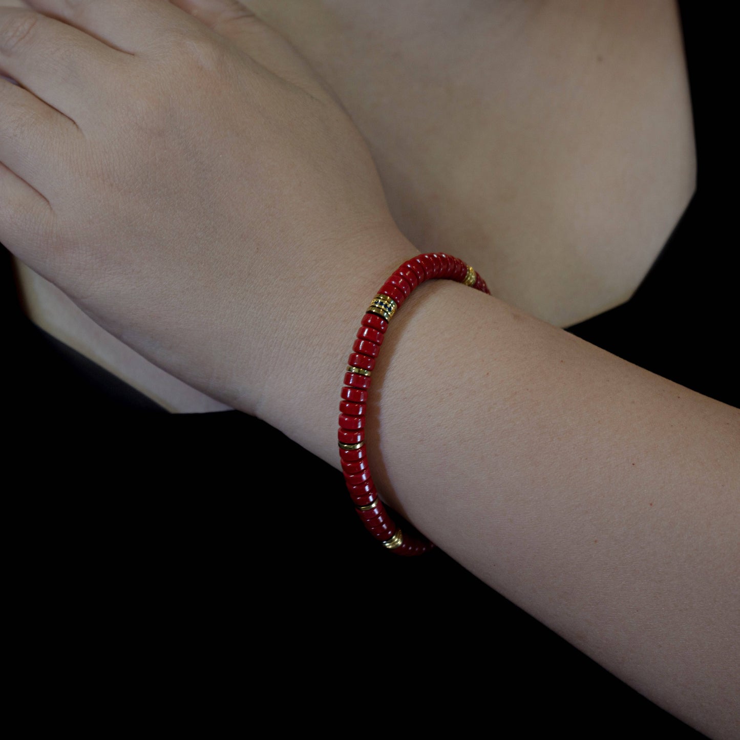 Wealth and good luck bracelet - red Sherpa glass with 14K gold plating and diamond inlay - jambhala&jewelry
