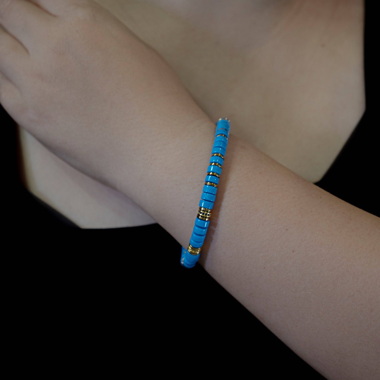 Wealth and good luck bracelet - sky blue Sherpa glass with 14K gold plating and diamond inlay - jambhala&jewelry