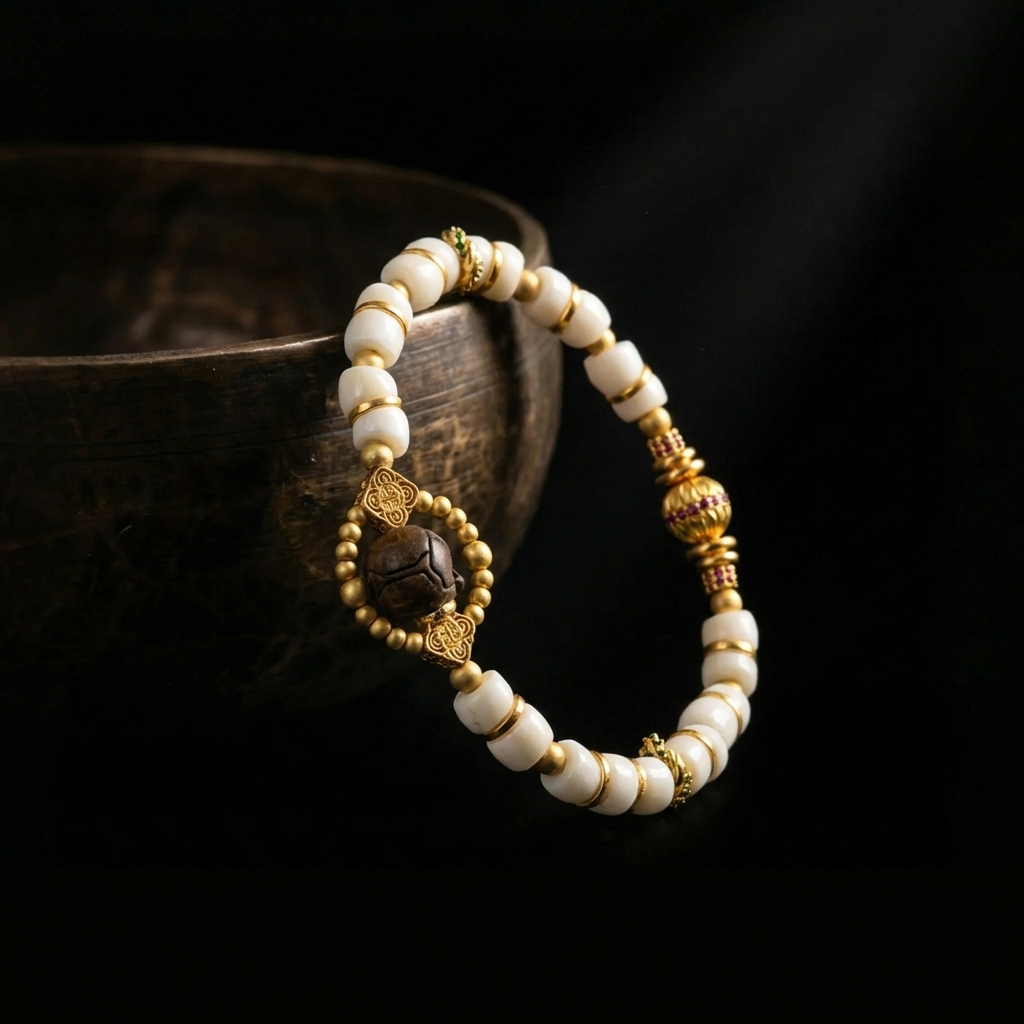 Jambhala ethically shed antler mindfulness bracelet resting on an ancient singing bowl, prepared for the 1,900-meter sound purification ritual for a sacred organic core.