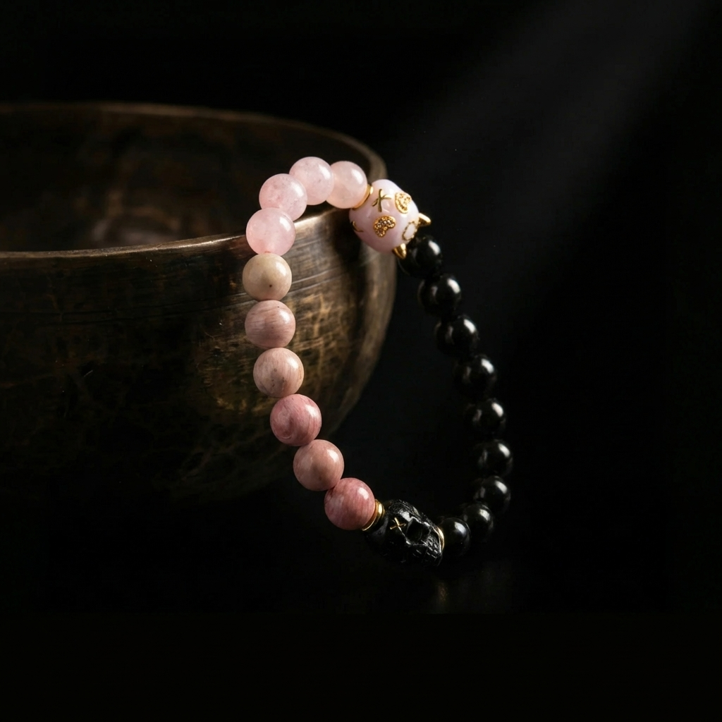 Jambhala Obsidian and Pink Jade mindfulness bracelet resting on an ancient singing bowl, prepared for the 1,900-meter sound purification ritual.