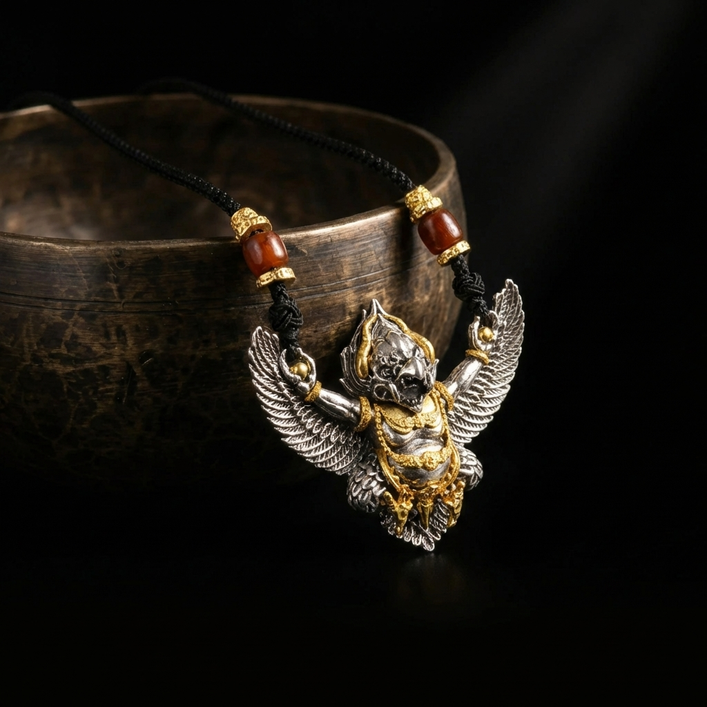Jambhala antiqued silver Garuda mindfulness pendant resting on an ancient singing bowl, prepared for the 1,900-meter sound purification ritual for fearlessness.