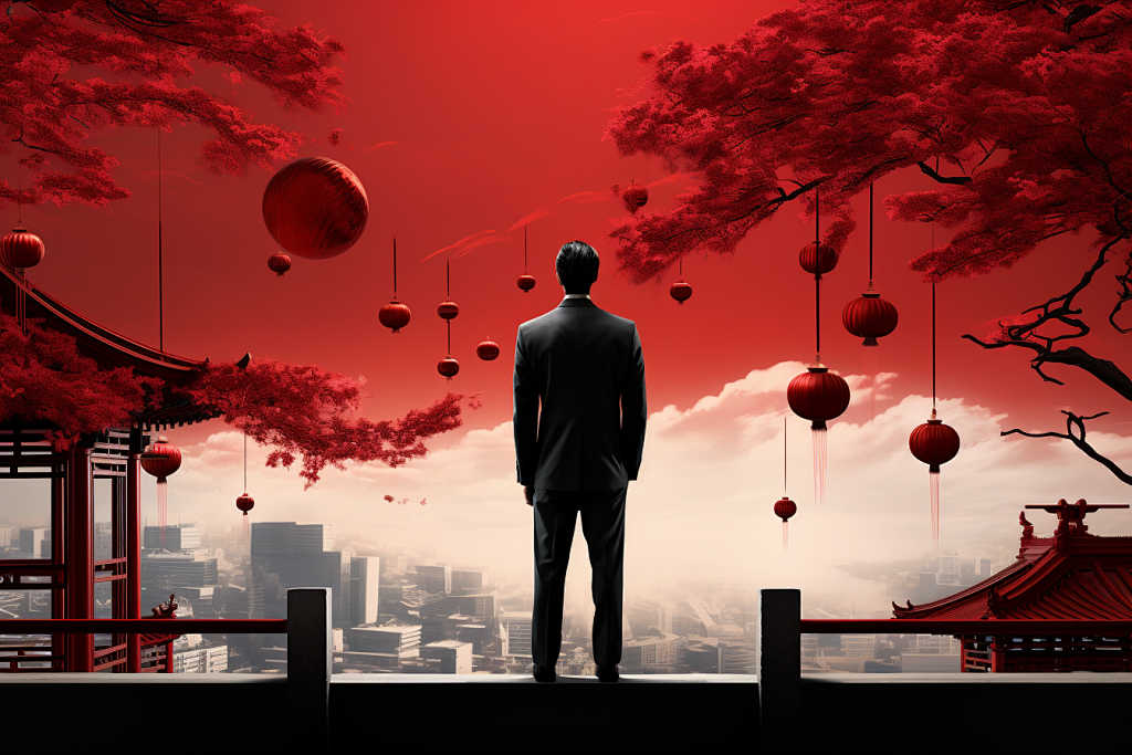 A man in a modern black suit standing before a surreal landscape blending a dense concrete city with traditional eastern red lanterns and temples. A visual metaphor for finding physical grounding and modern eastern aesthetic amidst urban burnout.
