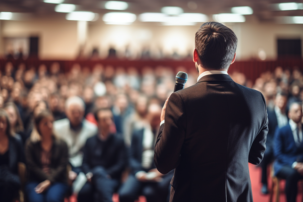 A man in a dark suit holding a microphone, facing a large audience. A visual representation of high-stakes public speaking, a stressful scenario where Jambhala's turquoise and agate physical anchors provide essential somatic grounding.