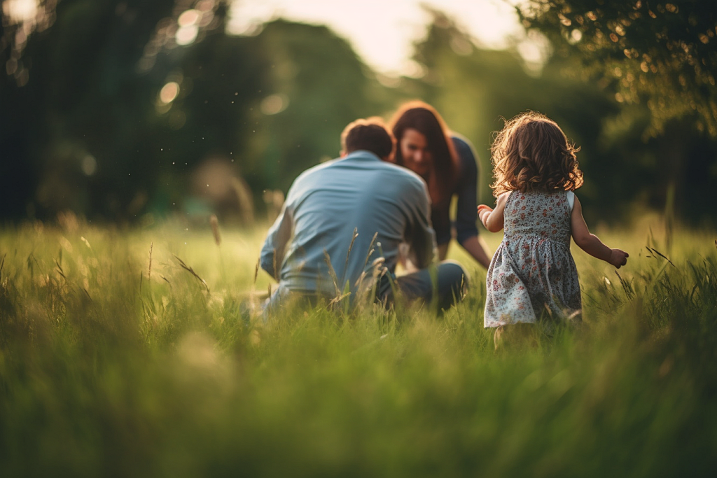 A mother and father watching their young daughter walk through a sunlit grassy field. A visual representation of the fleeting nature of childhood, illustrating why parents use Jambhala's physical stone anchors to stay grounded in the present moment.