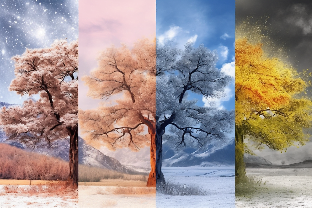 A visual composition of a single tree transitioning through the four seasons: spring, summer, autumn, and winter. This image illustrates the natural environmental shifts that Jambhala's tactile grounding jewelry helps the mind adapt to.