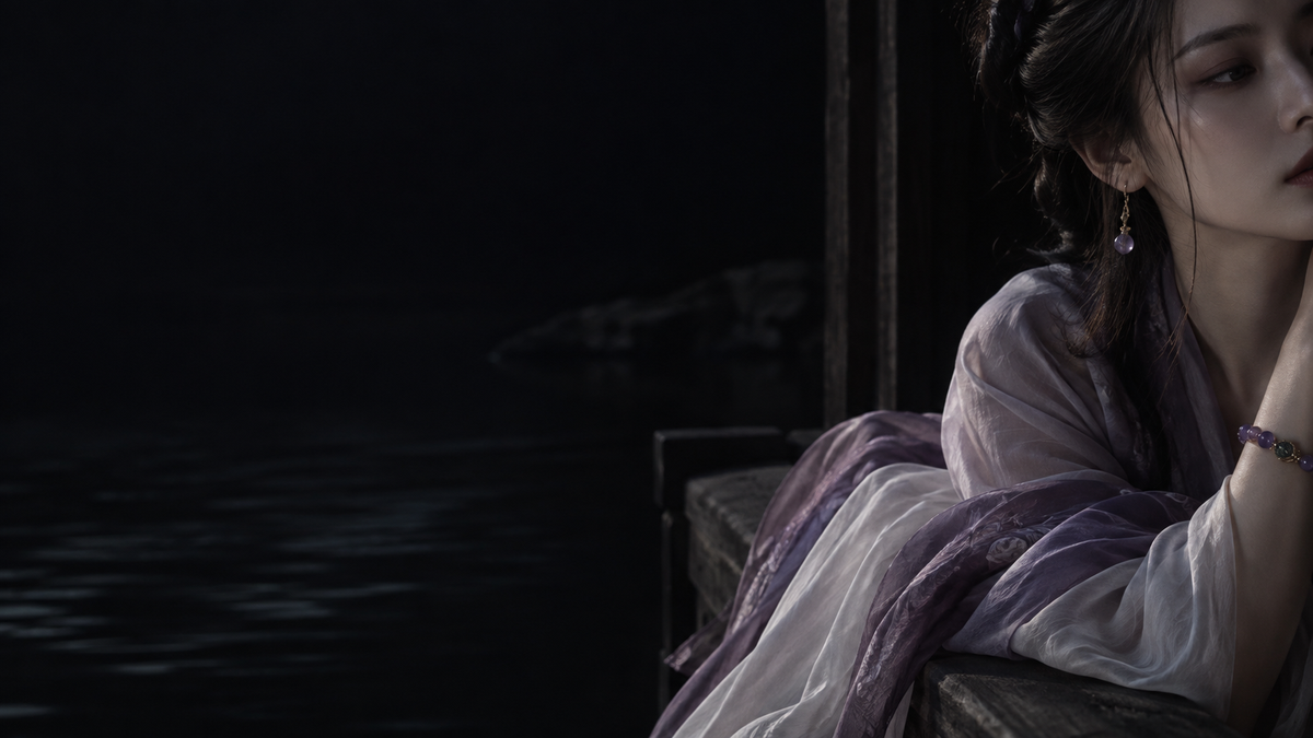 Editorial artwork inspired by Bai Qiulian beside dark water in muted purple robes.