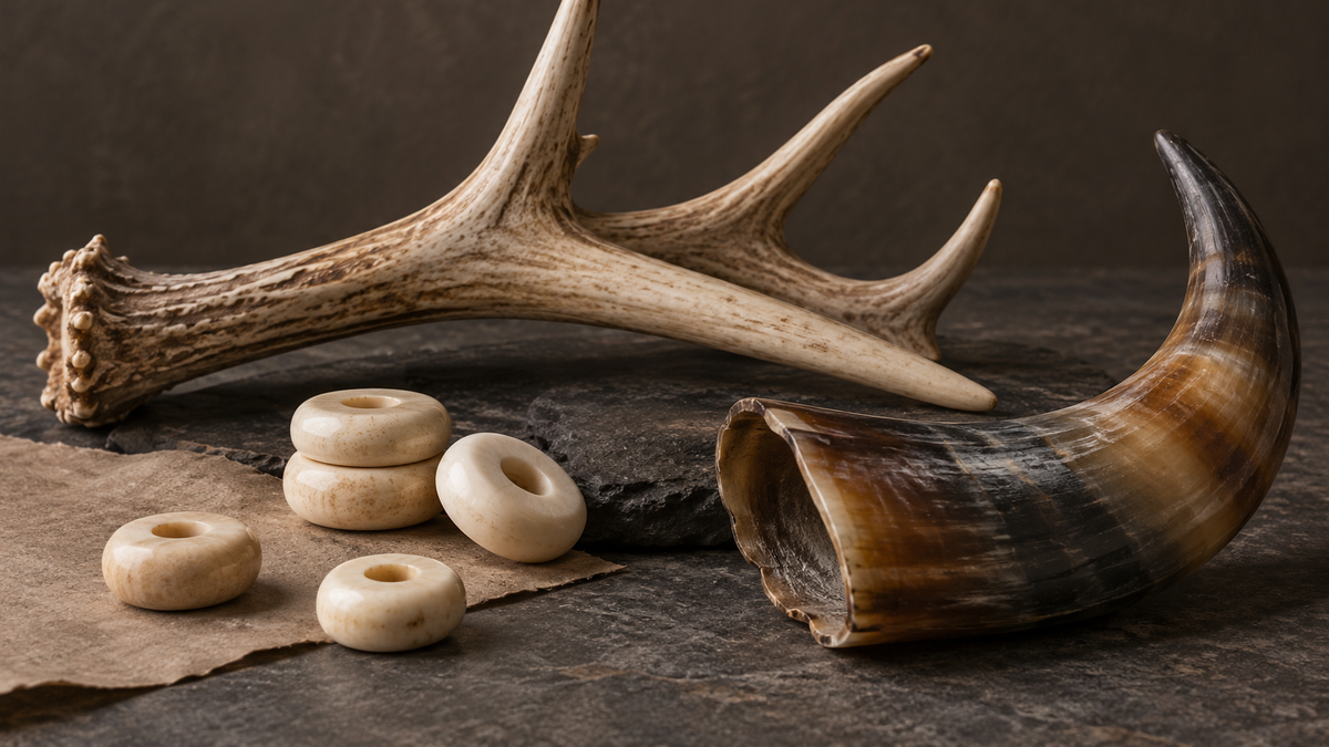 AI-generated conceptual still life of pale beads, a branching antler form and a curved horn form on dark stone; not a product photograph or specimen identification reference.