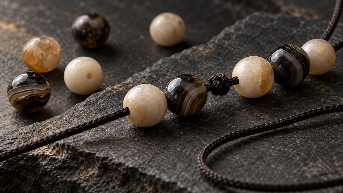 AI-generated conceptual still life of beads and knotted dark cord on stone; not a JAMBHALA product photograph or an instructional knot diagram.