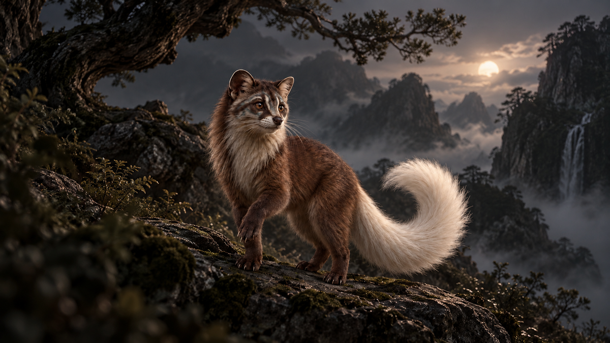 A white-tailed, catlike mythical creature standing centered on a misty mountain ridge at sunrise.