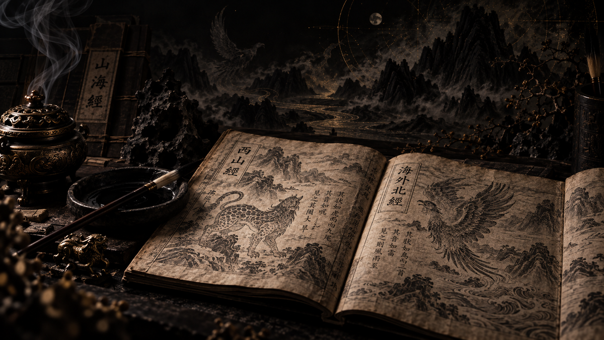 Dark editorial scene with an open Shanhaijing-style manuscript, mountains, ink tools and mythic creature illustrations.