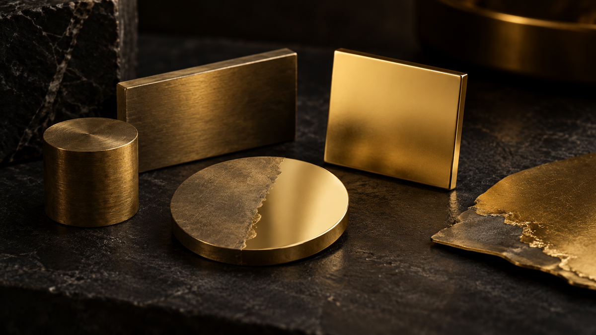Studio photograph of brass samples and gold-toned metal surfaces on a dark stone table, illustrating material appearance rather than actual plating thickness.