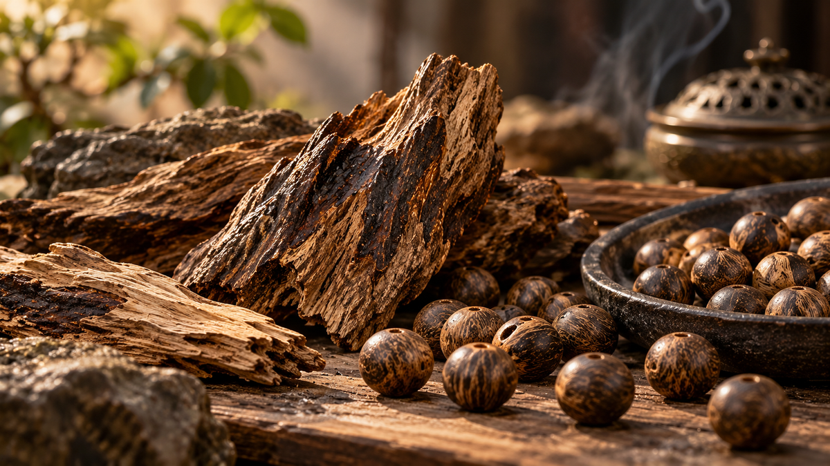Raw agarwood pieces and loose undrilled and drilled wooden beads with irregular dark resin-rich grain on a warm wooden surface.