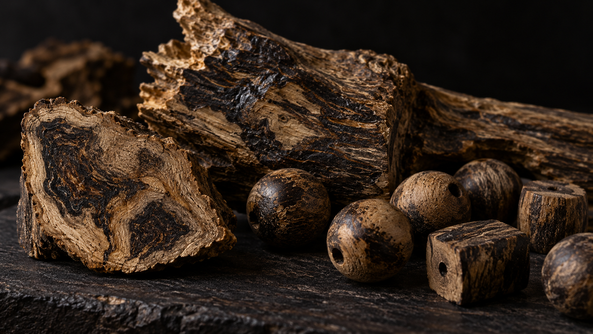 Close-up of raw agarwood cross-sections and loose wooden beads displaying irregular dark resin-rich streaks against pale brown grain.