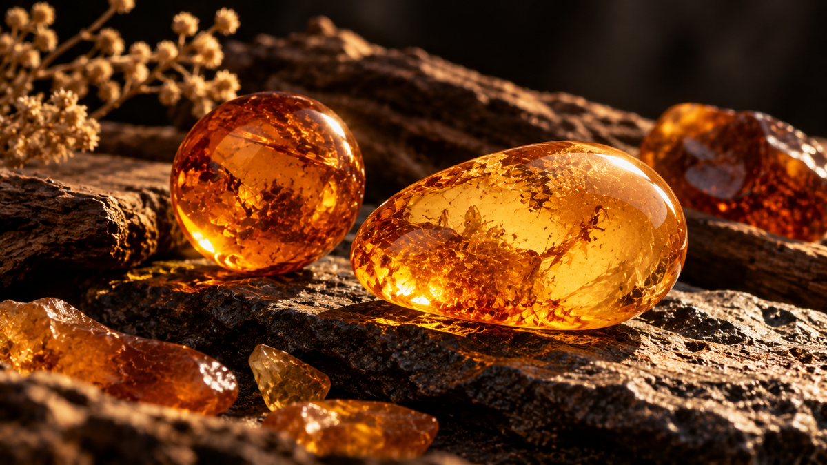 Polished round and oval honey-golden amber stones with translucent inclusions among rough amber pieces on dark rocks.