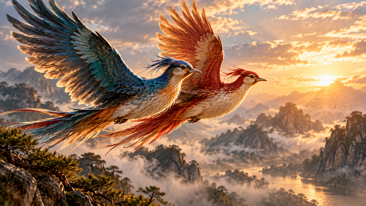 Two mythical birds, one blue-green and one red, flying side by side above mist-covered mountains and a winding river at sunrise.