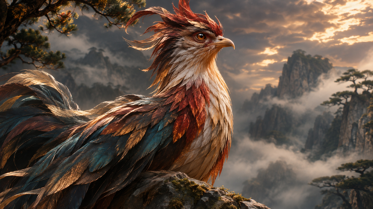 A colorful rooster-like mythical bird with copper-red crest, dark iridescent feathers and long tail perched before misty mountains.