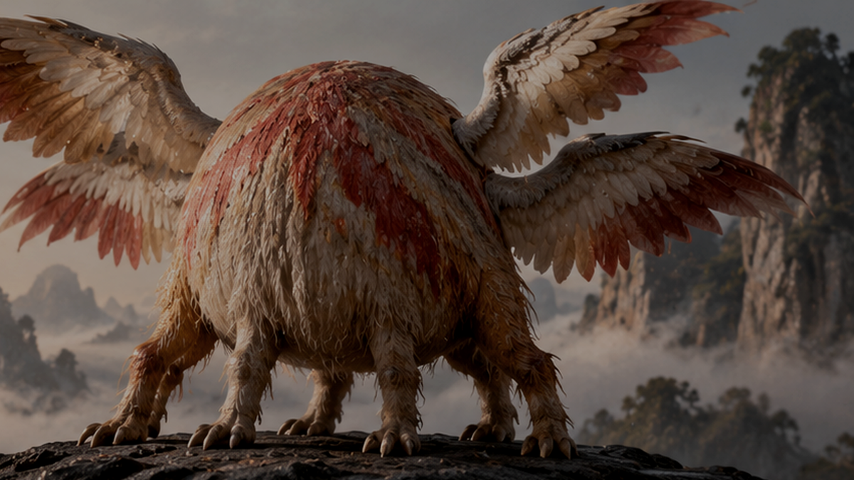 A faceless mythical Dijiang with six legs and four wings on a mountain ledge above misty cliffs.
