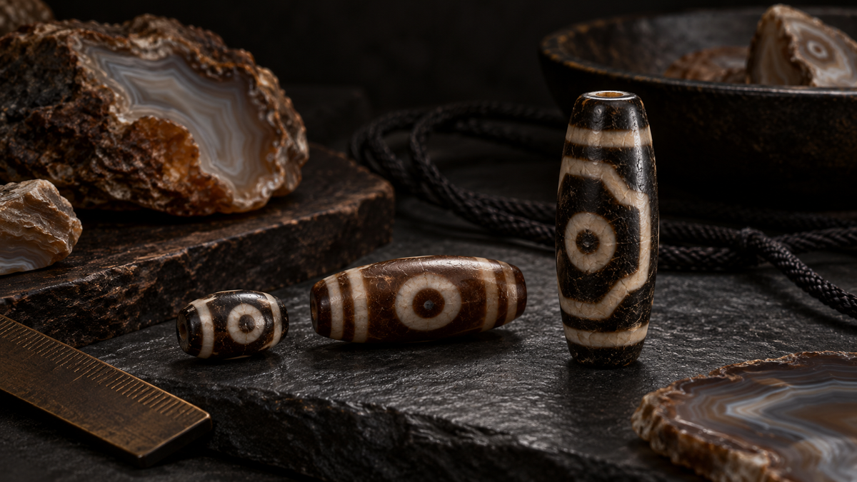 Three patterned Dzi-style agate beads in different sizes and orientations with natural banded agate rough on a dark surface.