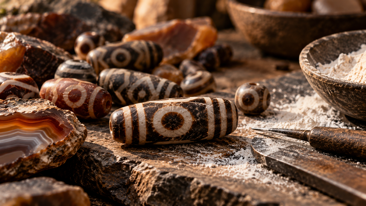 Close-up still life of loose dark patterned agate beads with pale geometric motifs, a banded agate slice and traditional-looking tools on a rustic surface.