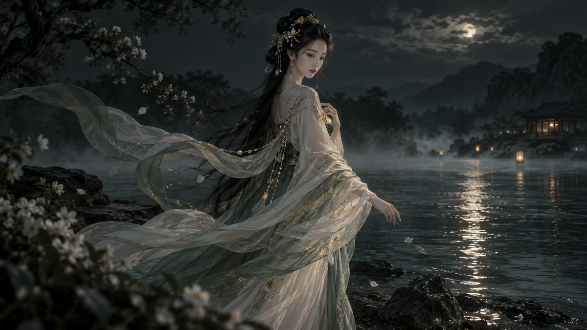A graceful woman in flowing pale silk with delicate gold and jade ornaments beside the misty Luo River under moonlight.