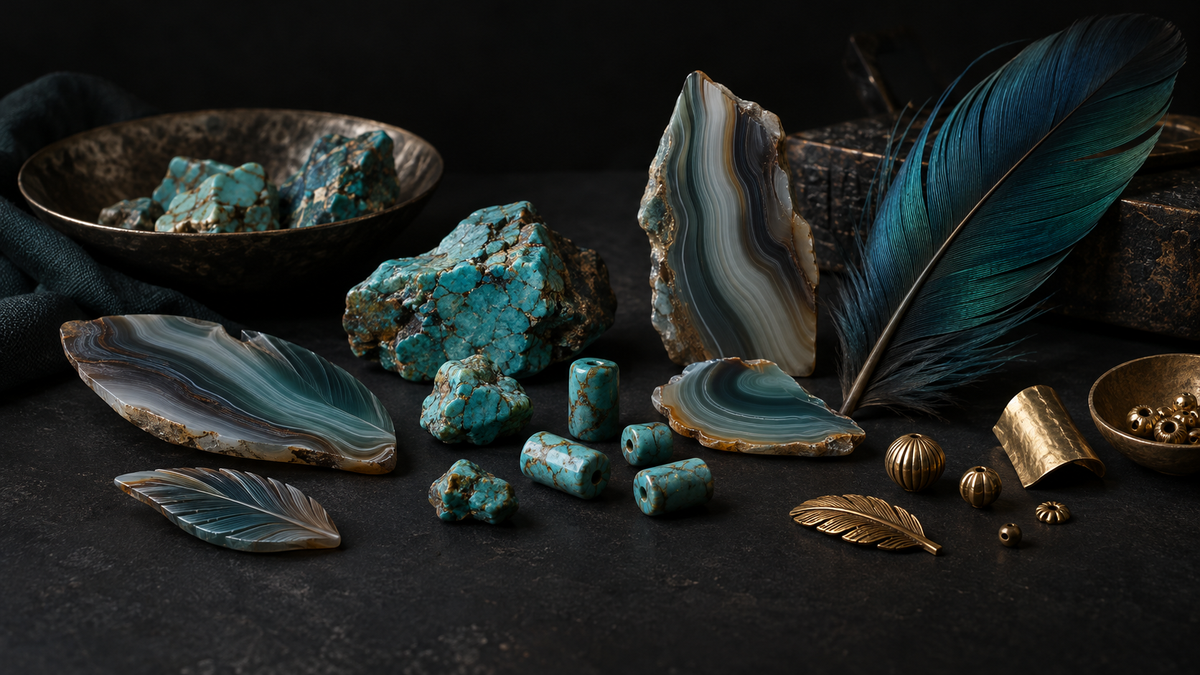 Conceptual arrangement of turquoise rough, banded agate slabs, a blue-green feather and small gold-toned components on a dark studio surface.