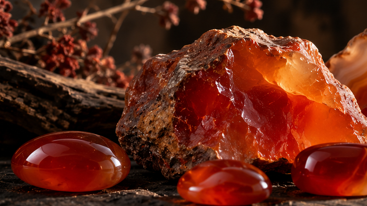 Unstrung rough and polished carnelian stones in shades of orange-red, brick red and deep reddish brown on a dark surface.