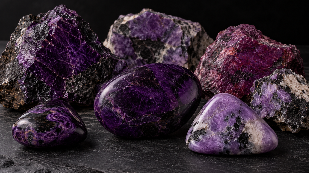 Raw and polished purple sugilite specimens showing deep violet, lavender, reddish-purple and dark mineral inclusions against a black stone surface.