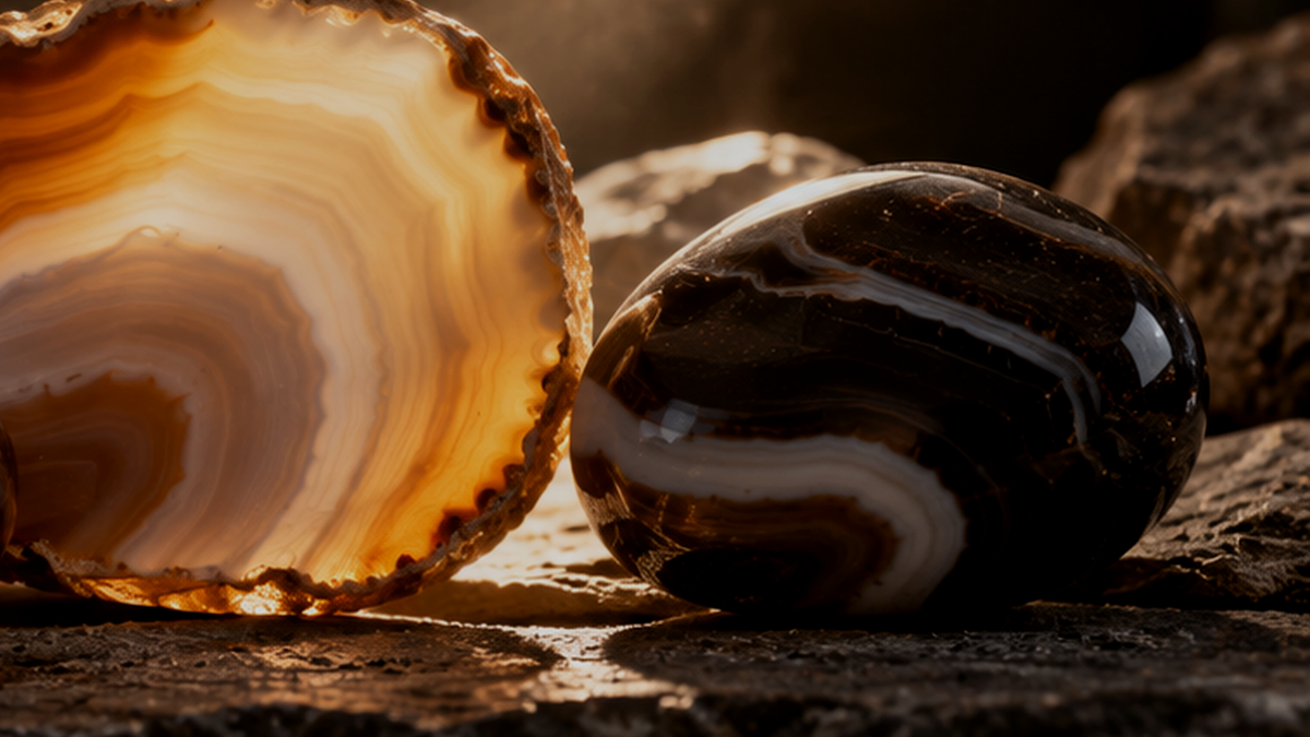 Backlit translucent banded agate slice beside a dark opaque polished banded agate stone on a rocky surface.