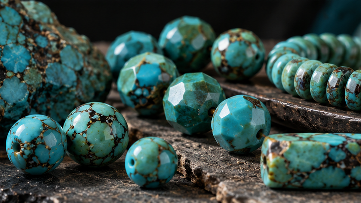 Loose turquoise rough and beads showing dark matrix patterns, geometric faceted beads and flat disc-shaped beads.