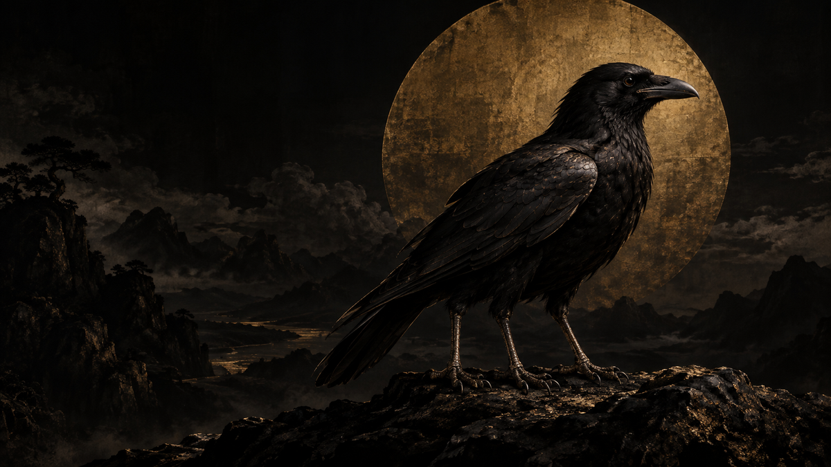 Dark editorial landscape with a three-legged black crow silhouetted against a restrained golden solar disk.