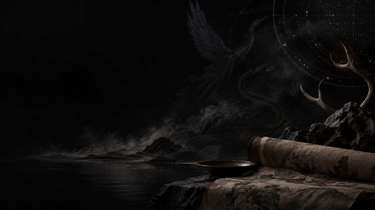 Dark editorial still life with scroll textures, celestial lines and symbolic animal silhouettes representing different source traditions.