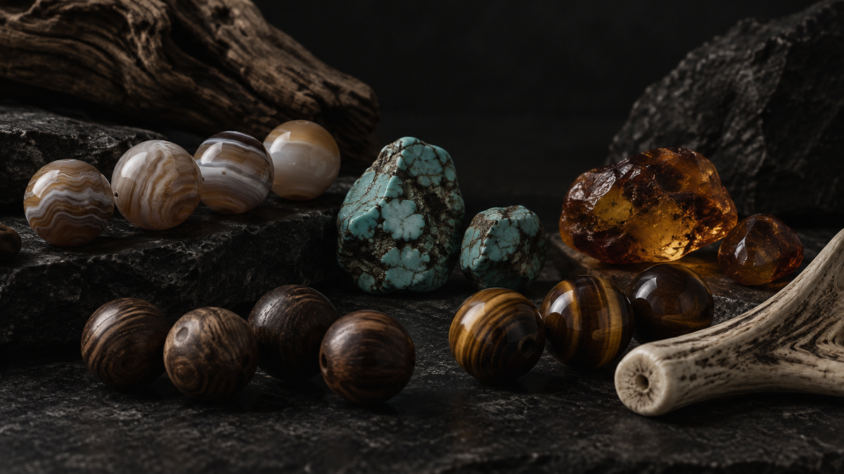 Editorial still life of naturally varied agate, turquoise, amber, tiger's eye and wood materials on a dark surface.
