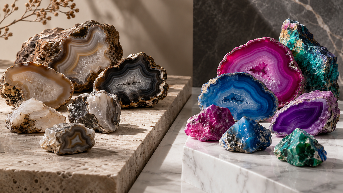 Natural-toned agate specimens displayed beside brightly colored agate specimens in a conceptual material comparison.