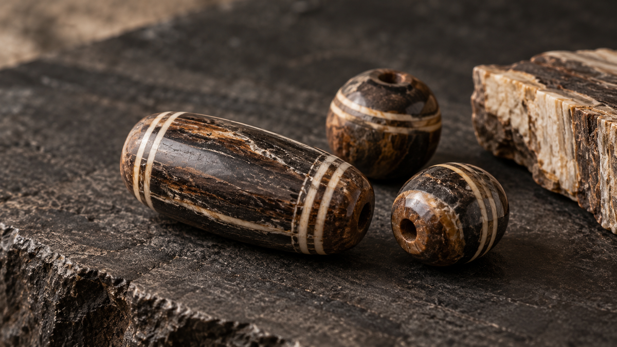 AI-generated editorial illustration of patterned petrified-wood-style beads on dark stone; not an archaeological specimen or product photograph.