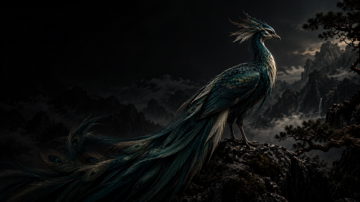 Dark cinematic landscape with a blue-green luan bird perched on a mountain ledge against misty peaks and deep shadow.