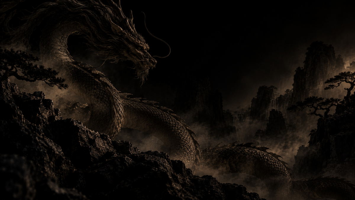 Dark cinematic landscape with a coiling Chinese dragon moving through misty mountains, emphasizing gathered motion and the ambiguity of the old Qiulong name.