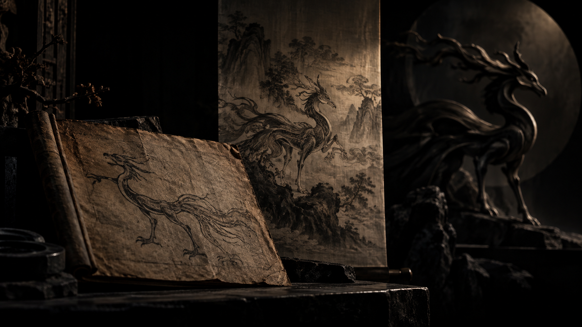 Dark editorial scene with layered ancient manuscripts, source-inspired creature imagery and sculptural forms representing different historical layers of Chinese myth.