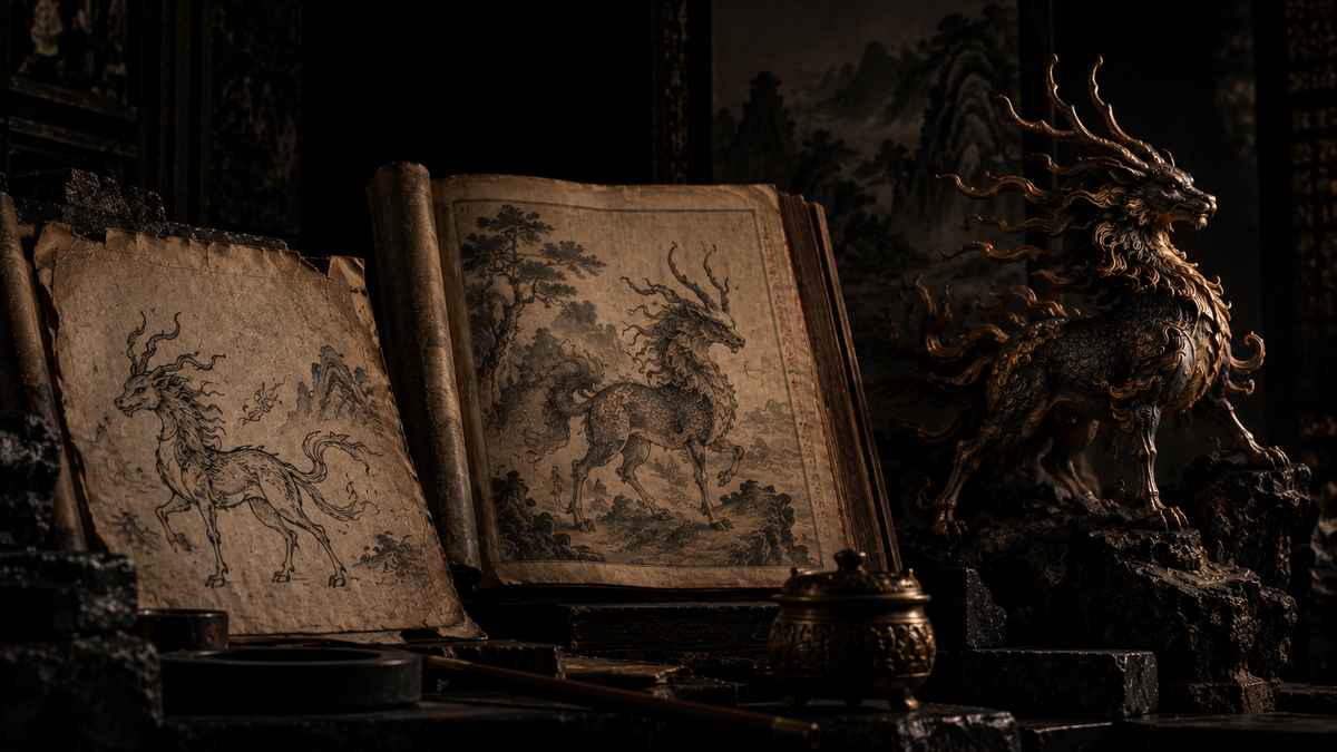 Dark editorial still life showing three visual layers of a traditional Chinese mythical figure across manuscript, illustrated folio and bronze sculpture.