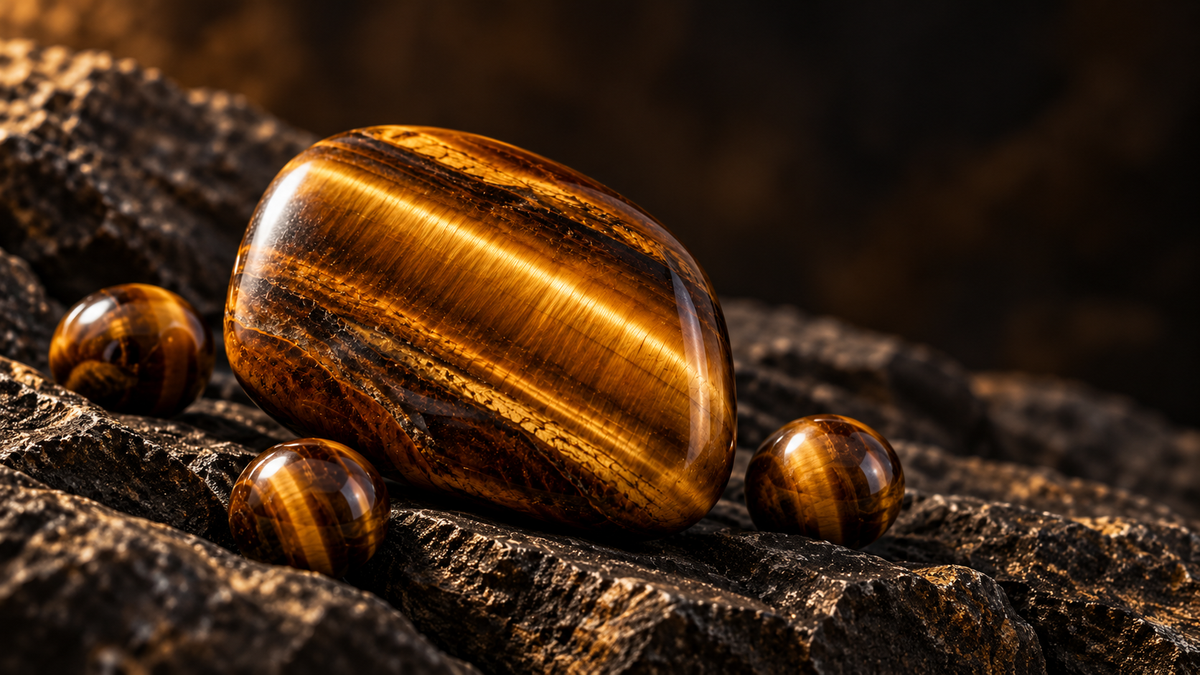 AI-generated editorial illustration of golden-brown tiger’s-eye stones with silky reflected light bands on a dark textured surface.