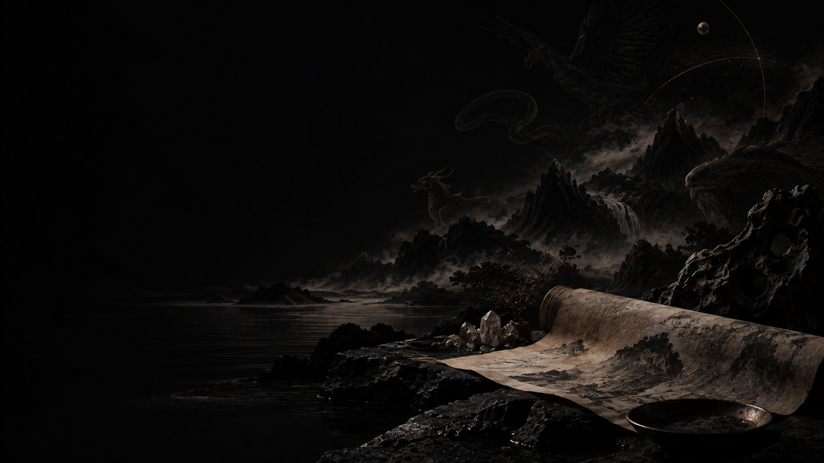 Contemporary editorial artwork of mountains, water, scrolls and faint creature silhouettes inspired by the textual world of the Shanhaijing.