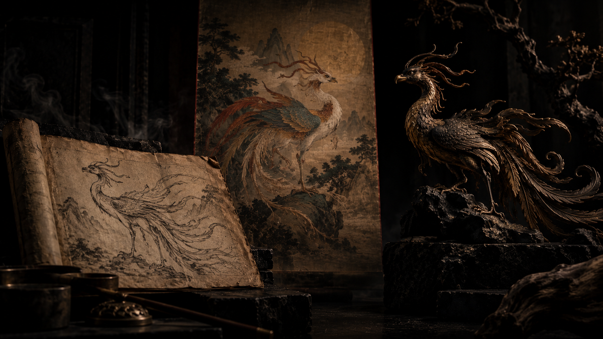 Dark editorial still life showing three different visual interpretations of a traditional Chinese mythical bird across manuscript, scroll and sculpture.