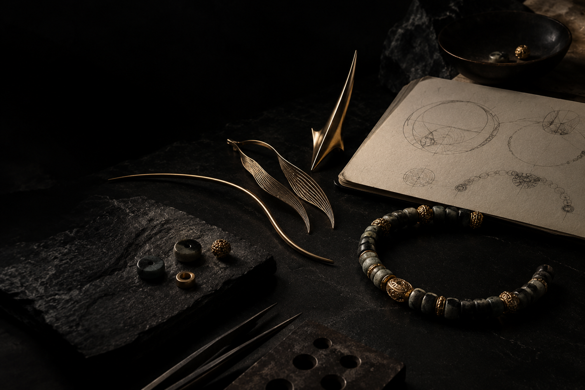 Dark jewelry design workspace with abstract forms, beads and sketches.