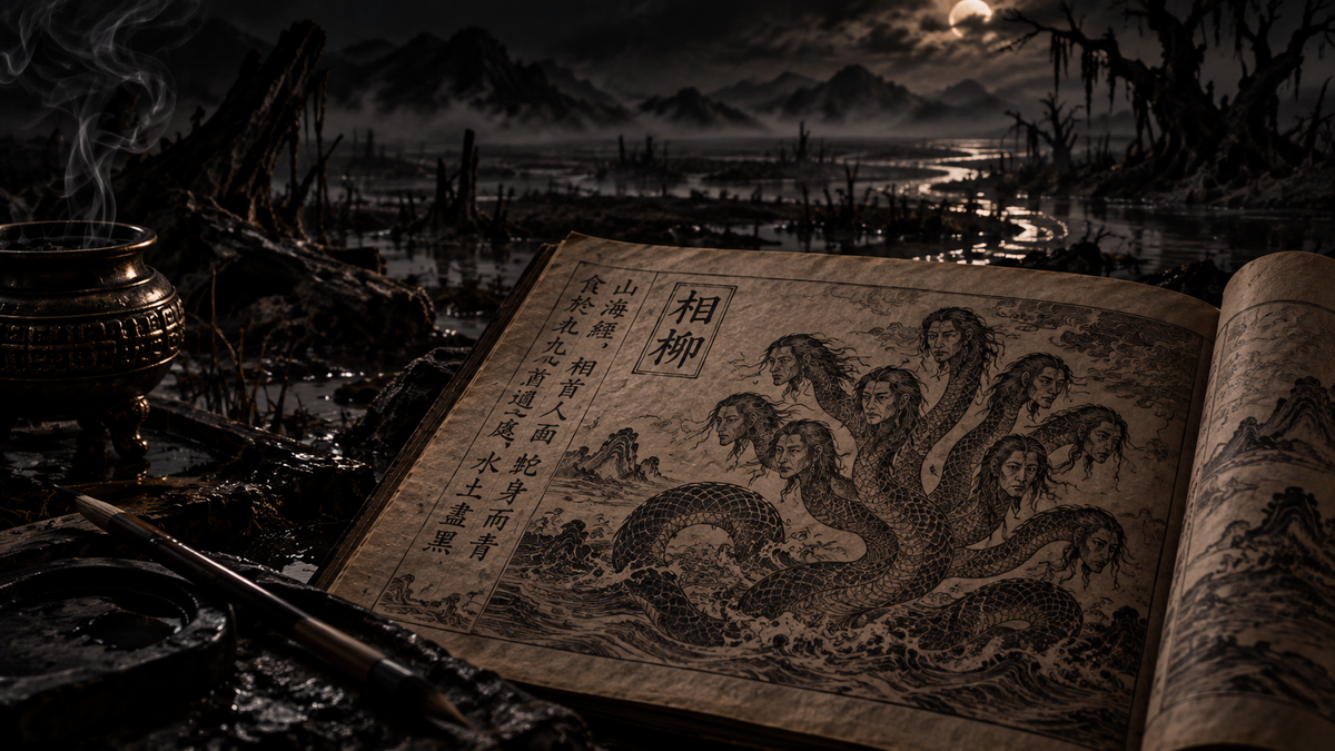 Dark editorial scene with a source-inspired Xiangliu illustration, nine human-faced serpent heads, marshland and an ancient manuscript.
