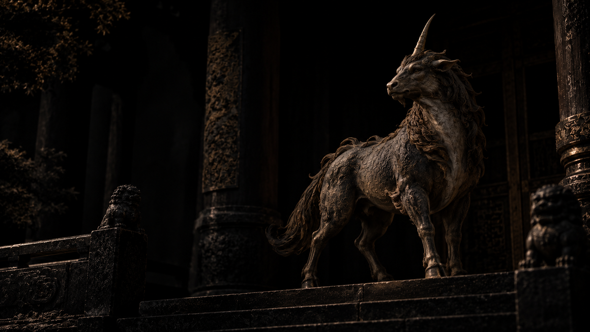 Dark cinematic scene of a one-horned Xiezhi-like beast standing before an ancient judicial temple.