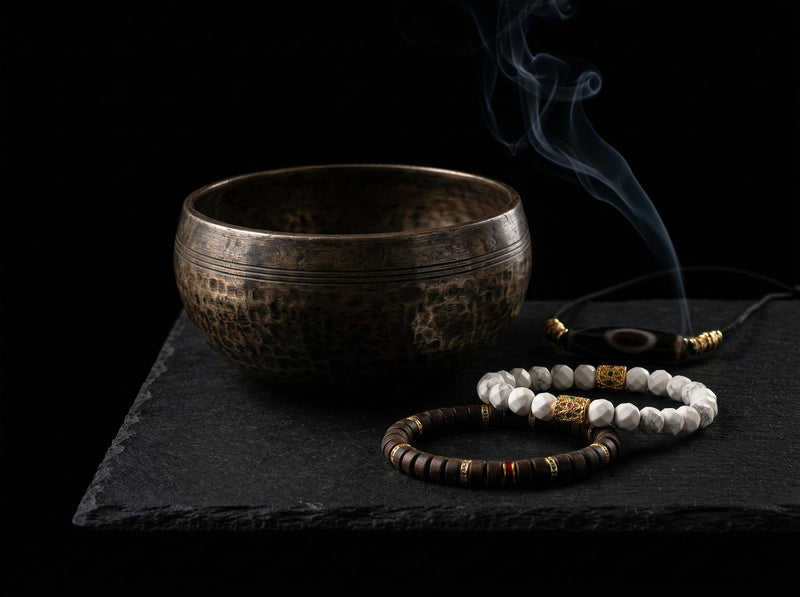 Authentic polished stone grounding bracelets and singing bowl used for 1,900m acoustic purification ritual by Jambhala.