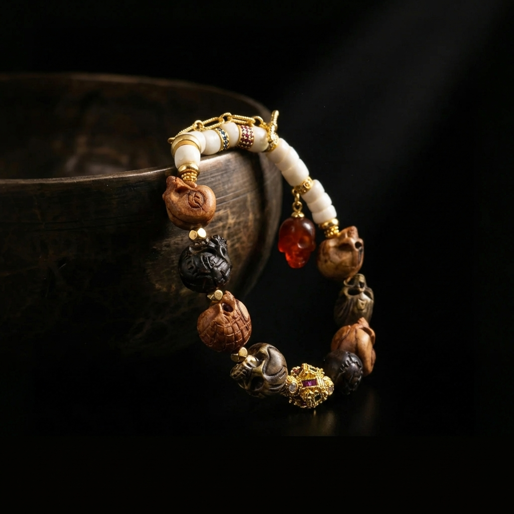 Diverse hand-carved Memento Mori skull bracelet draped over a dark rustic bowl, highlighting the varied organic materials and the dangling red agate charm.