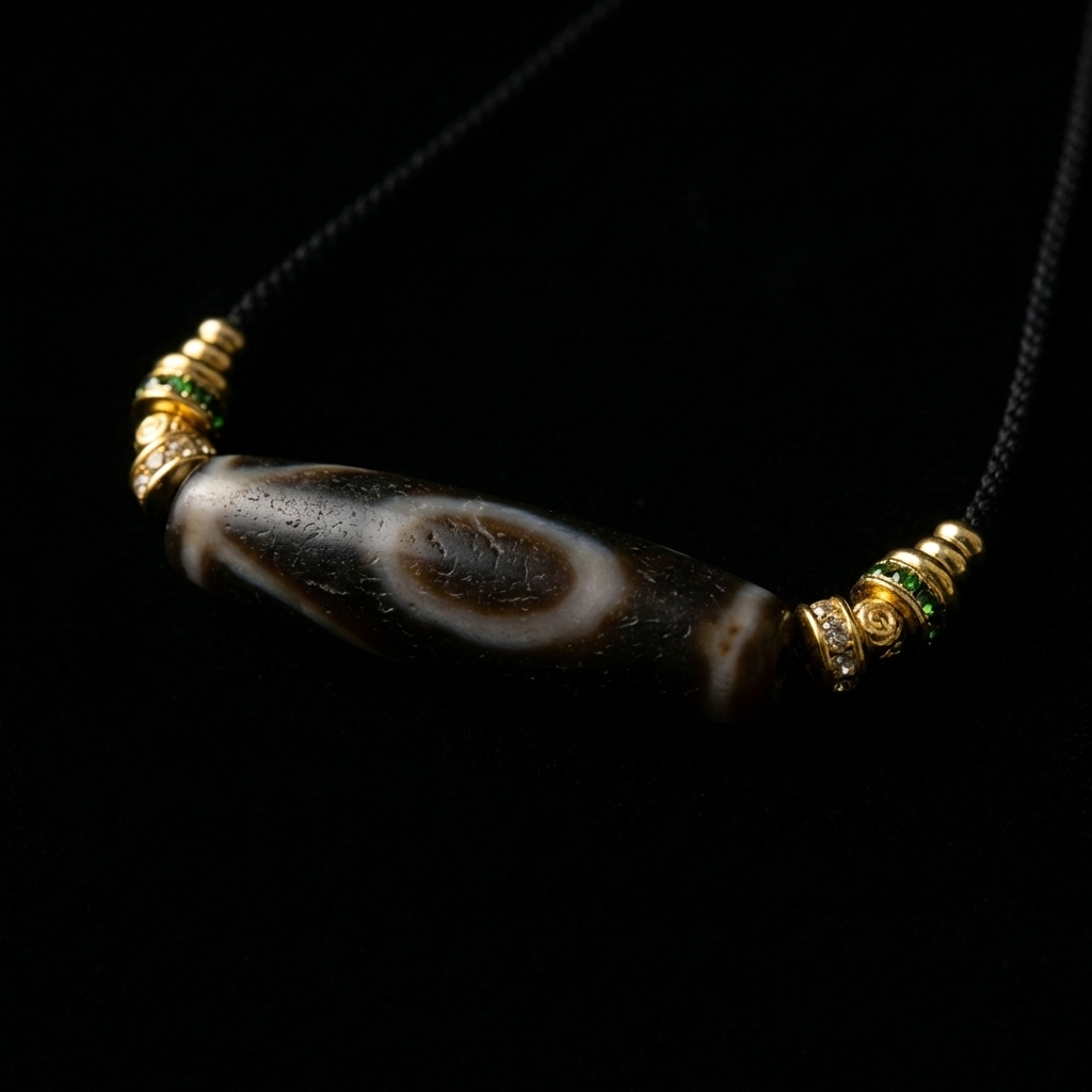 Close-up of the Calm Witness Dzi Agate grounding necklace, featuring a striking 46.5mm weathered cylindrical stone with an eye motif and 18K gold pavé spacers on a dark background.