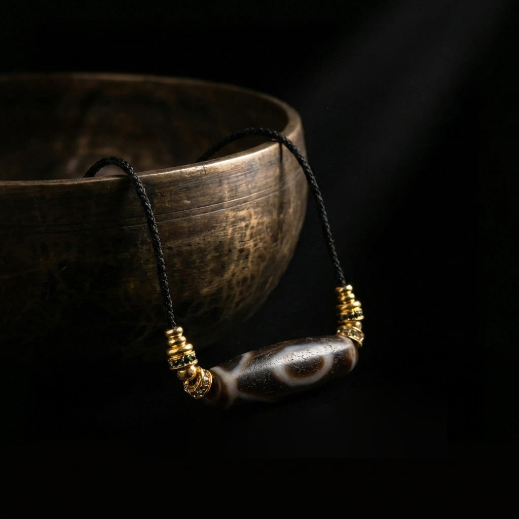 The Calm Witness Dzi Agate grounding necklace resting against an antique brass bowl, highlighting the weathered cylindrical stone and jeweled gold spacers in dramatic lighting.