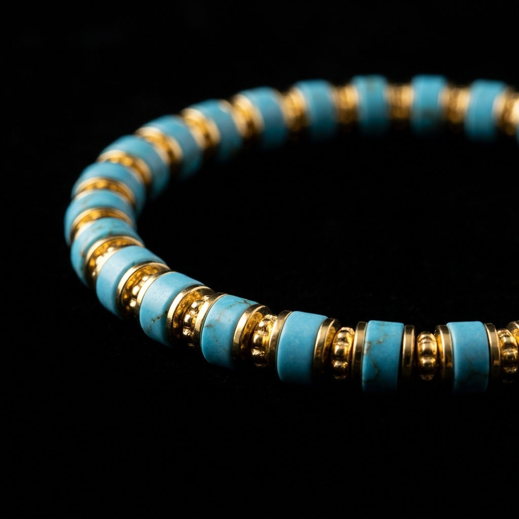 Macro photography of the Clear Horizon Turquoise bracelet on a black background, emphasizing the 6.4mm disc-cut blue stones, dark matrix veining, and gold spacers.