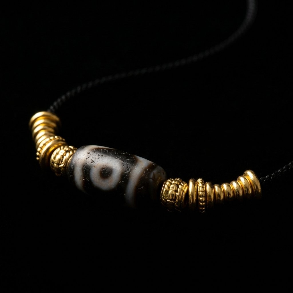Close-up of the Clear Intent Dzi Agate focus necklace, featuring a 22mm horizontal stone with a distinct eye motif framed by stacked 18K gold ribbed spacers on a dark background.